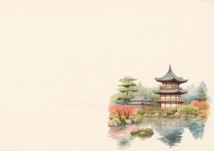 coleccion japon 06 a watercolor painting of a pagoda in the middle of a lake