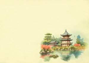 coleccion japon 08 watercolor painting of a pagoda in a lake