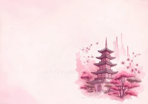coleccion japon 09 a pink watercolor painting of a pagoda tower
