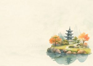 coleccion japon 11 a watercolor painting of a small island with a pagoda in the middle