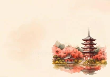 coleccion japon 12 watercolor painting of a pagoda in the middle of a lake
