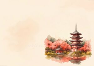 coleccion japon 12 watercolor painting of a pagoda in the middle of a lake