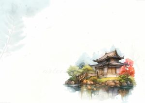 coleccion japon 15 a watercolor painting of a pagoda in the middle of a lake