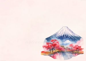 coleccion japon 17 a watercolor painting of a mountain with trees and a lake