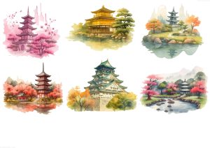 coleccion japon 52 watercolor illustrations of different buildings