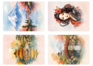 coleccion japon 55 four watercolor paintings of a woman in a red dress