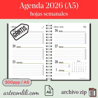 Agenda 2026 gratis para imprimir en PDF formato A5 – vista semanal y calendarios
