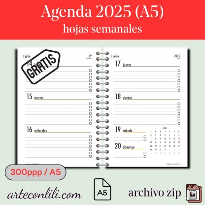 Agenda 2025 en PDF gratis para imprimir en A5 vertical – semana vista, calendario y notas