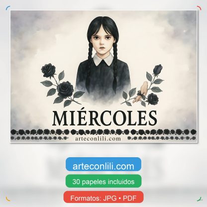 Portada de la colección Miércoles – Kit imprimible gótico estilo Wednesday Addams para scrapbooking digital