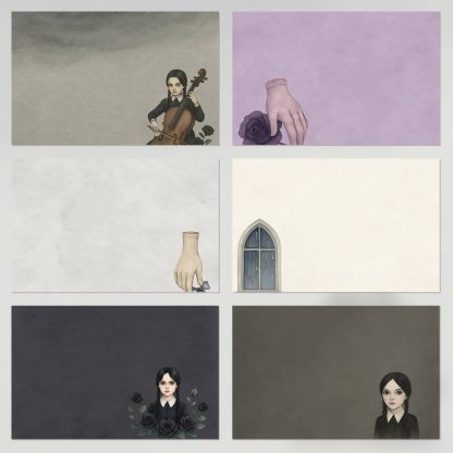 Papel digital gótico con ventana antigua y patrón oscuro – Scrap imprimible Wednesday Addams