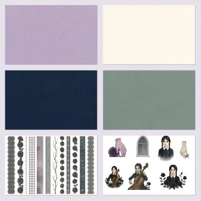 Kit de scrapbooking digital inspirado en Wednesday Addams – Papel oscuro con ilustración de cuervo y marcos decorativos