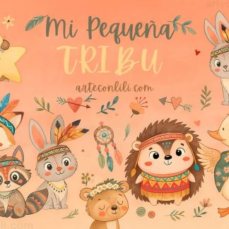 Portada de la colección digital Mi Pequeña Tribu con papeles de scrapbooking infantil en estilo boho kawaii, ilustraciones de animalitos tiernos y diseño en A4 horizontal.