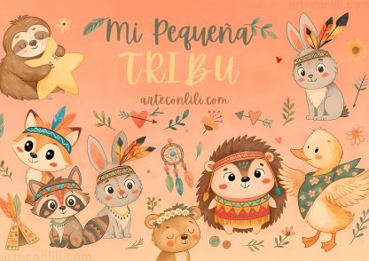 Portada de la colección digital Mi Pequeña Tribu con papeles de scrapbooking infantil en estilo boho kawaii, ilustraciones de animalitos tiernos y diseño en A4 horizontal.