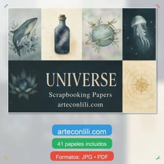Papeles digitales Universe con temática del cosmos y espiritualidad, imprimibles A4 en PDF y JPG para scrapbooking y journaling
