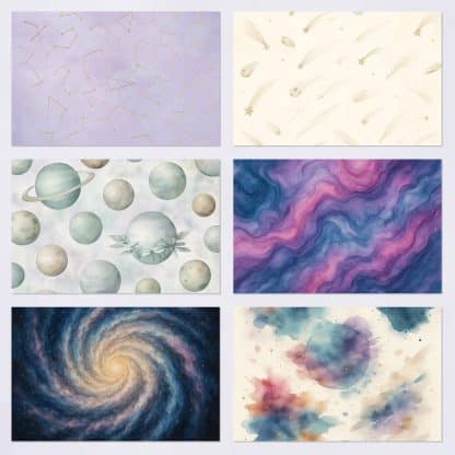 Papeles digitales Universe con temática del cosmos y espiritualidad, imprimibles A4 en PDF y JPG para scrapbooking y journaling