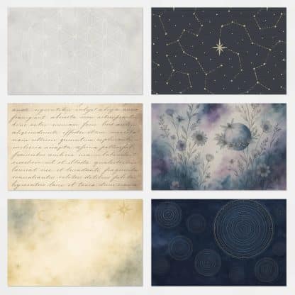 Papeles digitales Universe con temática del cosmos y espiritualidad, imprimibles A4 en PDF y JPG para scrapbooking y journaling