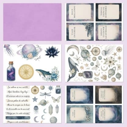 Papeles digitales Universe con temática del cosmos y espiritualidad, imprimibles A4 en PDF y JPG para scrapbooking y journaling