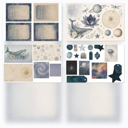 Papeles digitales Universe con temática del cosmos y espiritualidad, imprimibles A4 en PDF y JPG para scrapbooking y journaling