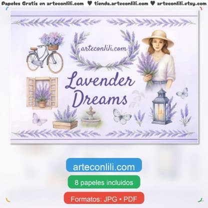Papeles digitales vintage lavanda, scrapbooking romántico, mariposas, mujer vintage, imprimibles PDF y JPG portada gratis