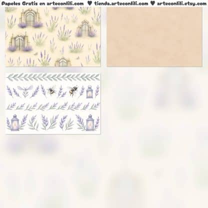 Papeles digitales vintage lavanda, scrapbooking romántico, mariposas, mujer vintage, imprimibles PDF y JPG gratis