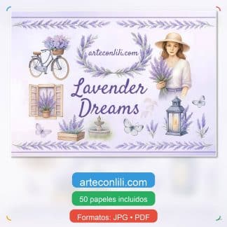 Papeles digitales vintage lavanda, scrapbooking romántico, mariposas, mujer vintage, imprimibles PDF y JPG portada