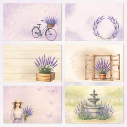 Papeles digitales vintage lavanda, scrapbooking romántico, mariposas, mujer vintage, imprimibles PDF y JPG bici flores mujeres