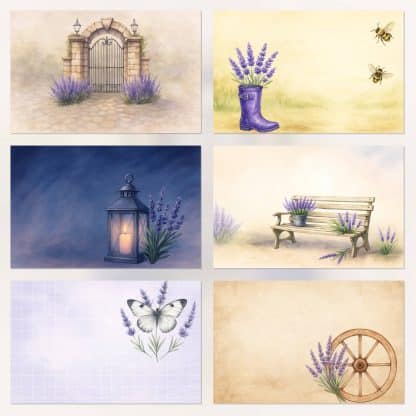 Papeles digitales vintage lavanda, scrapbooking romántico, mariposas, mujer vintage, imprimibles PDF y JPG