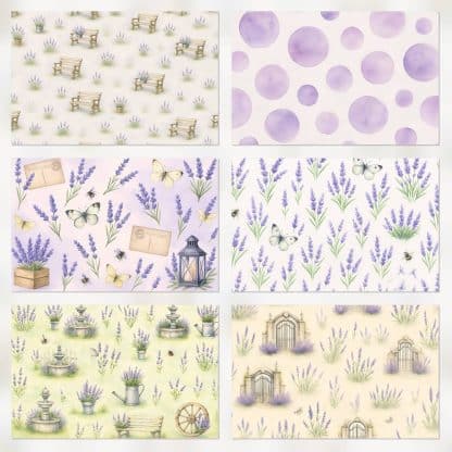 Papeles digitales vintage lavanda, scrapbooking romántico, mariposas, mujer vintage, imprimibles PDF y JPG violetas amarillos veis