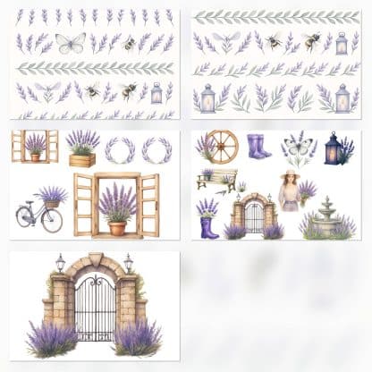 Papeles digitales vintage lavanda, scrapbooking romántico, mariposas, mujer vintage, imprimibles PDF y JPG diecus recortables