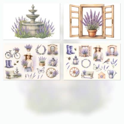 Papeles digitales vintage lavanda, scrapbooking romántico, mariposas, mujer vintage, imprimibles PDF y JPG diecuts recortables