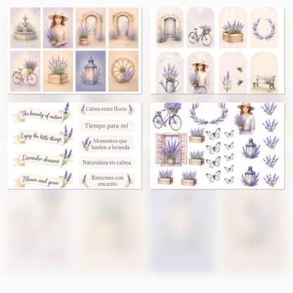 Papeles digitales vintage lavanda, scrapbooking romántico, mariposas, mujer vintage, imprimibles PDF y JPG diecuts recortables frases y tarjetas