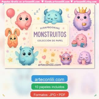 Papeles digitales monstruitos kawaii gratis, kit imprimible A4 para scrapbooking infantil en PDF y JPG freebie