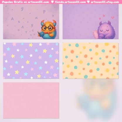 Papeles digitales monstruitos kawaii gratis, kit imprimible A4 para scrapbooking infantil en PDF y JPG freebie