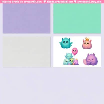 Papeles digitales monstruitos kawaii gratis, kit imprimible A4 para scrapbooking infantil en PDF y JPG freebie basicos y diecuts