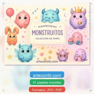 Papeles digitales monstruitos infantiles, scrapbooking PDF y JPG A4, kit imprimible con etiquetas y frases