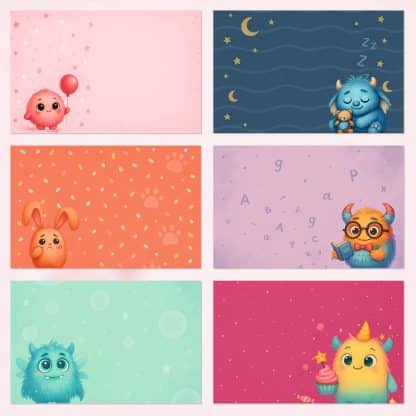 Papeles digitales monstruitos infantiles, scrapbooking PDF y JPG A4, kit imprimible con etiquetas y frases