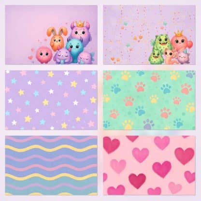 Papeles digitales monstruitos infantiles, scrapbooking PDF y JPG A4, kit imprimible con etiquetas y frases