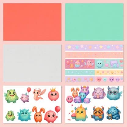 Papeles digitales monstruitos infantiles, scrapbooking PDF y JPG A4, kit imprimible con etiquetas y frases