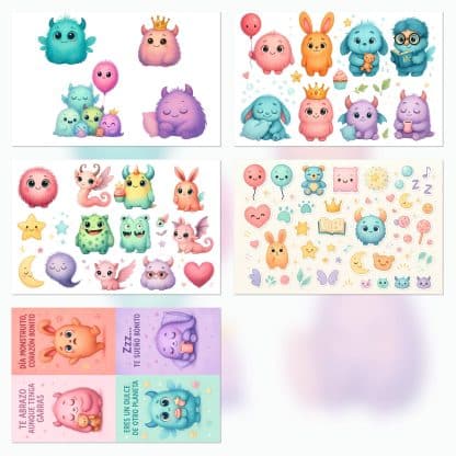 Papeles digitales monstruitos infantiles, scrapbooking PDF y JPG A4, kit imprimible con etiquetas y frases diecuts