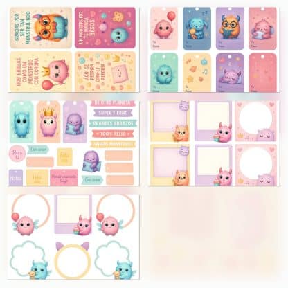 Papeles digitales monstruitos infantiles, scrapbooking PDF y JPG A4, kit imprimible con etiquetas y frases diecuts tarjetas cartas