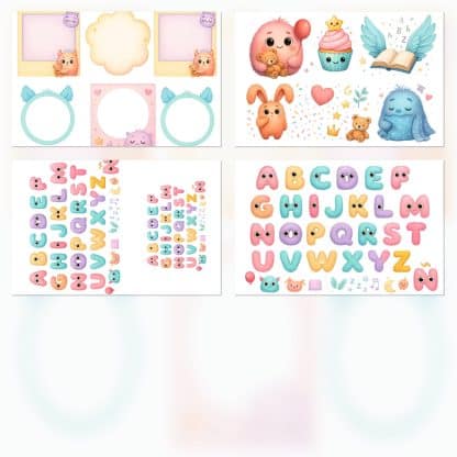 Papeles digitales monstruitos infantiles, scrapbooking PDF y JPG A4, kit imprimible con etiquetas y frases abecedario diecuts marcos