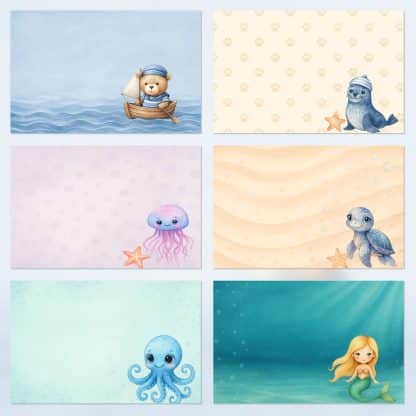 Papel con osito marinero y olas en azul