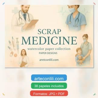 Papeles digitales scrap medicina, médicos y enfermeras en acuarela, fondos sanitarios PDF/JPG A4
