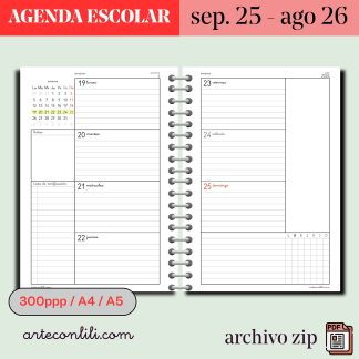 Agenda escolar 2025-2026 en PDF imprimible o para GoodNotes, semana vista en español A4/A5
