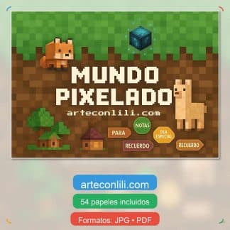 Portada colección digital mundo pixelado, papeles imprimibles de bloques estilo pixel art para scrapbooking y manualidades