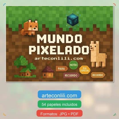 Portada colección digital mundo pixelado, papeles imprimibles de bloques estilo pixel art para scrapbooking y manualidades