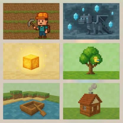 Papeles digitales pixelados con paisajes y bloques de colores, imprimibles para scrapbooking y decoración temática inspirado en minecraft