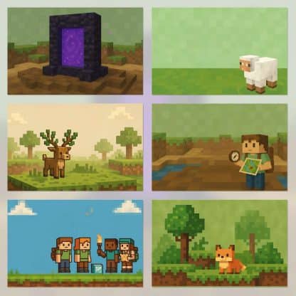Diseños estilo mundo de cubos en colores vivos, papeles imprimibles para manualidades creativas inspirado en minecraft