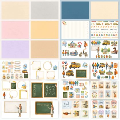 Papeles digitales escolares vuelta al cole, scrapbooking infantil, kit imprimible A3 A4 regreso al colegio pastel liso y diecuts recrotables tarjetas y mas